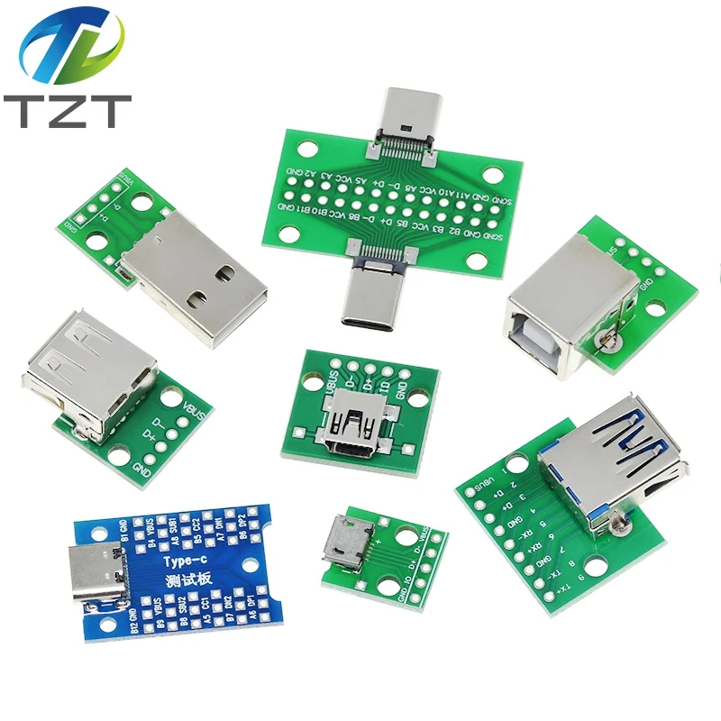 USB Male Connector / MINI MICRO USB to DIP Adapter Board 2.54mm 5pin Female Connector B Type-C USB2.0 3.0 Female PCB Converter