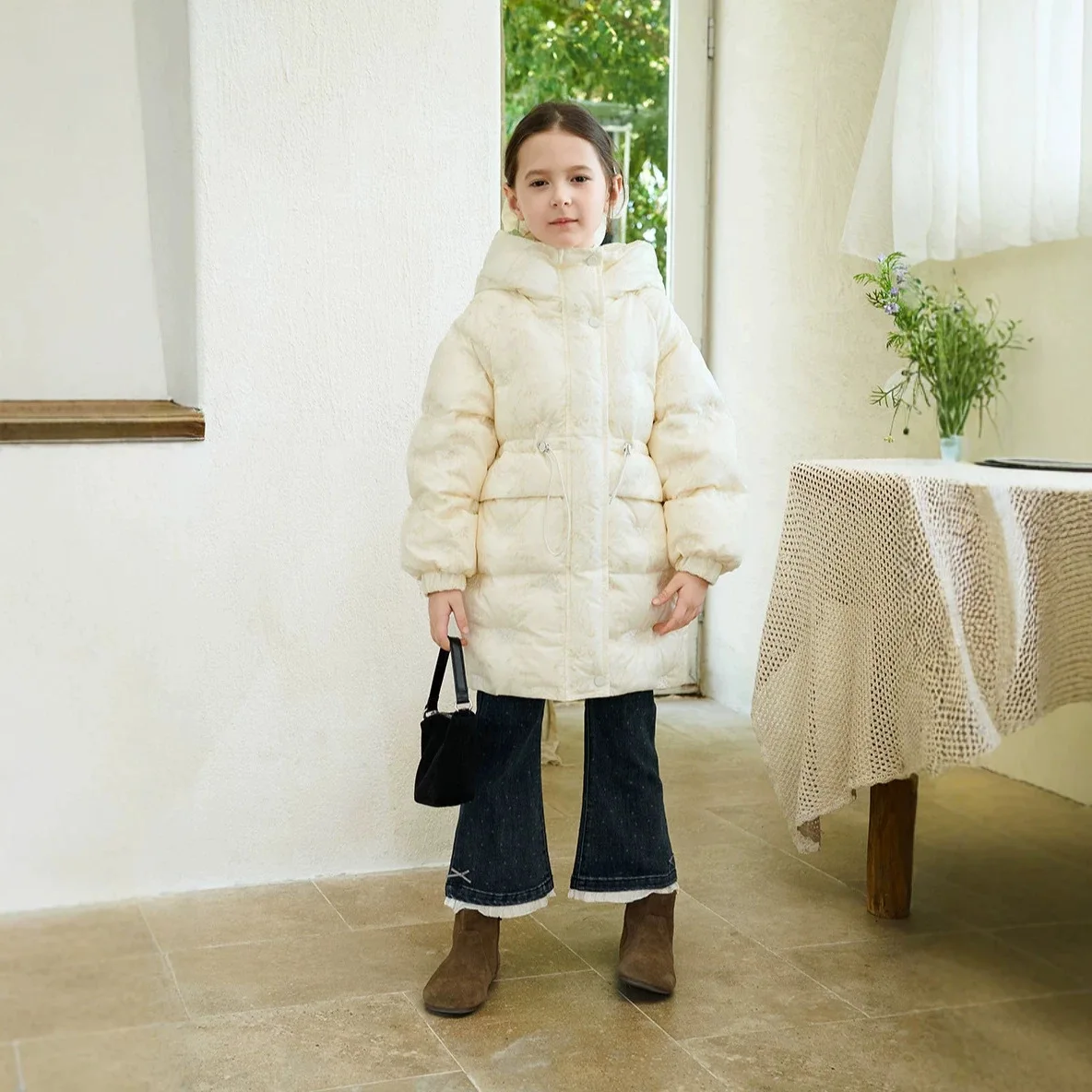 UNITIM Girl Down Jacket Princess Waist-tight Children Girls Mid-Length Coat Thick Warm Winter Hooded Outerwear for Girls 5-12Yrs