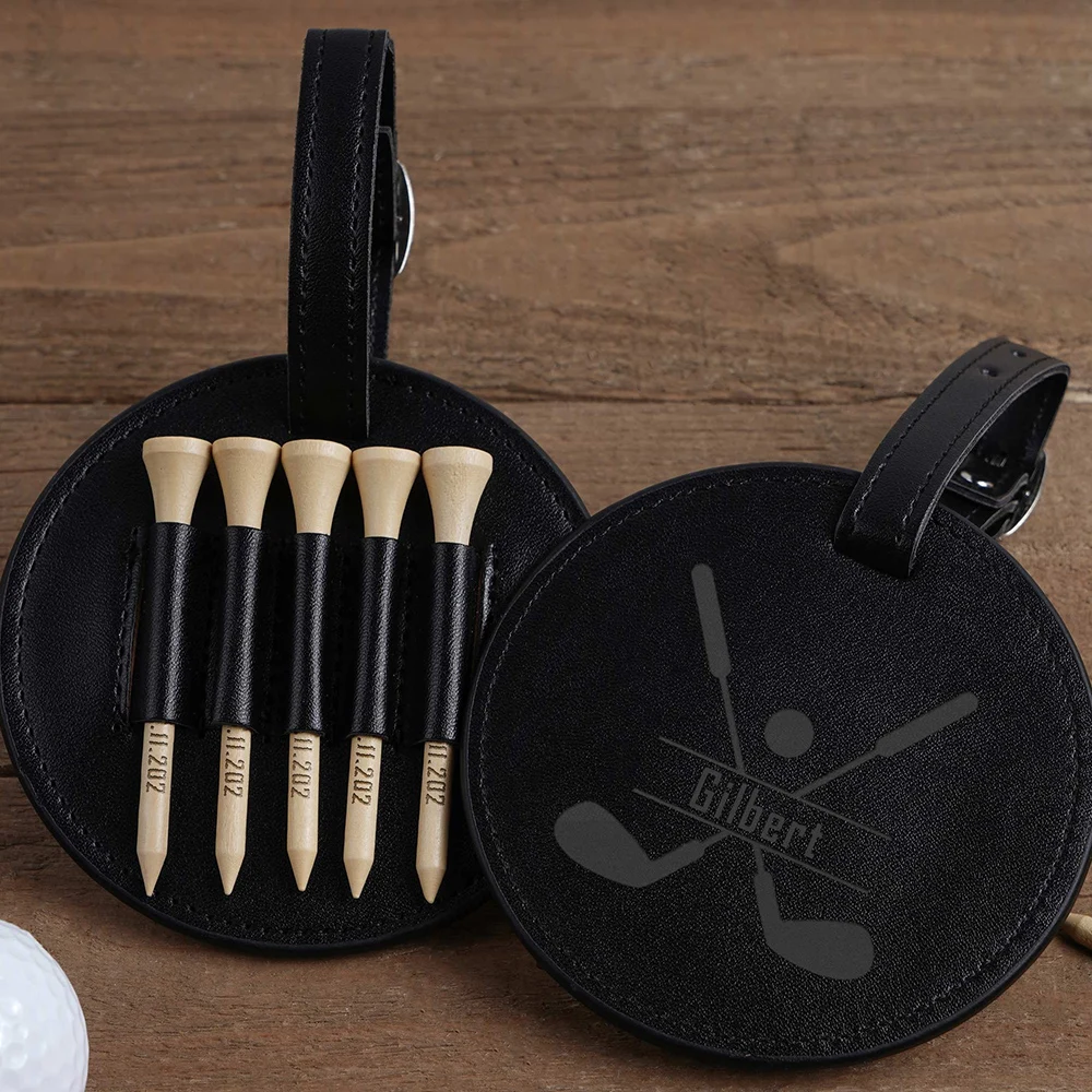 Personalized Custom Maple Wood Golf Tees PU Leather Golf Tees Storage Bag 5pcs Ball Tees Protective Bag Wedding Party Gift