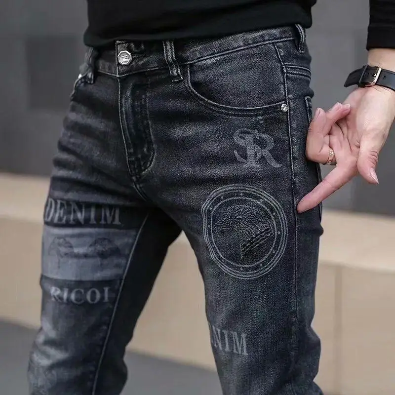 High End Stylish Classic Distinctive Printed Black Stretch Denim Jeans for Men…