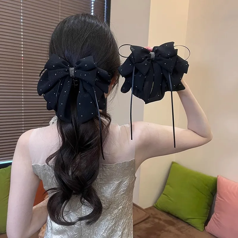

Black Color Star Rhinestone Bow Hair Clip Large Butterfly Claw Clip for Women Ponytail Holder Half Updo Elegant Hair Accessories