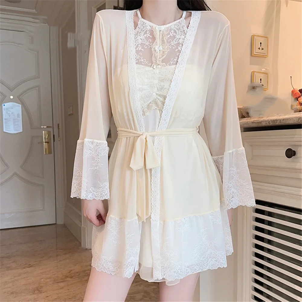 Set di vestaglia twinset in chiffon femminile Abito sexy con reggicalze in rete Camicia da notte Intimo Lingerie Sleepwear Homewear