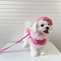 INS Pink Dog Cloak Pet Plush Coat Pet Supplies Cloak Dogs Chest Strap Cat Traction Rope Couple Cute Beret Dogs Vest Dog Costume