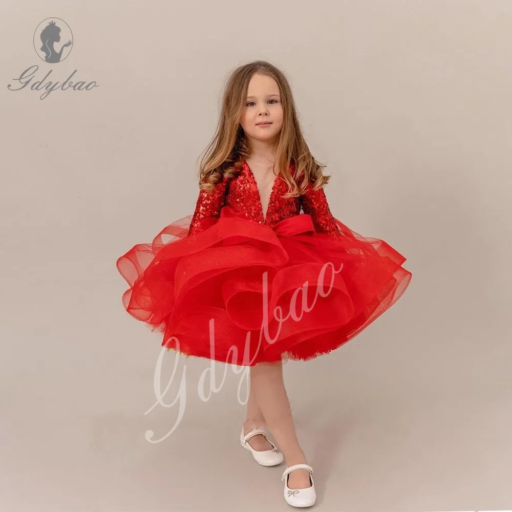 New Princess Red Flower Girl Dresses gossamer Sequined 2025 Tiered Full Sleeve First Communion  for Wedding Party Birthday Dress