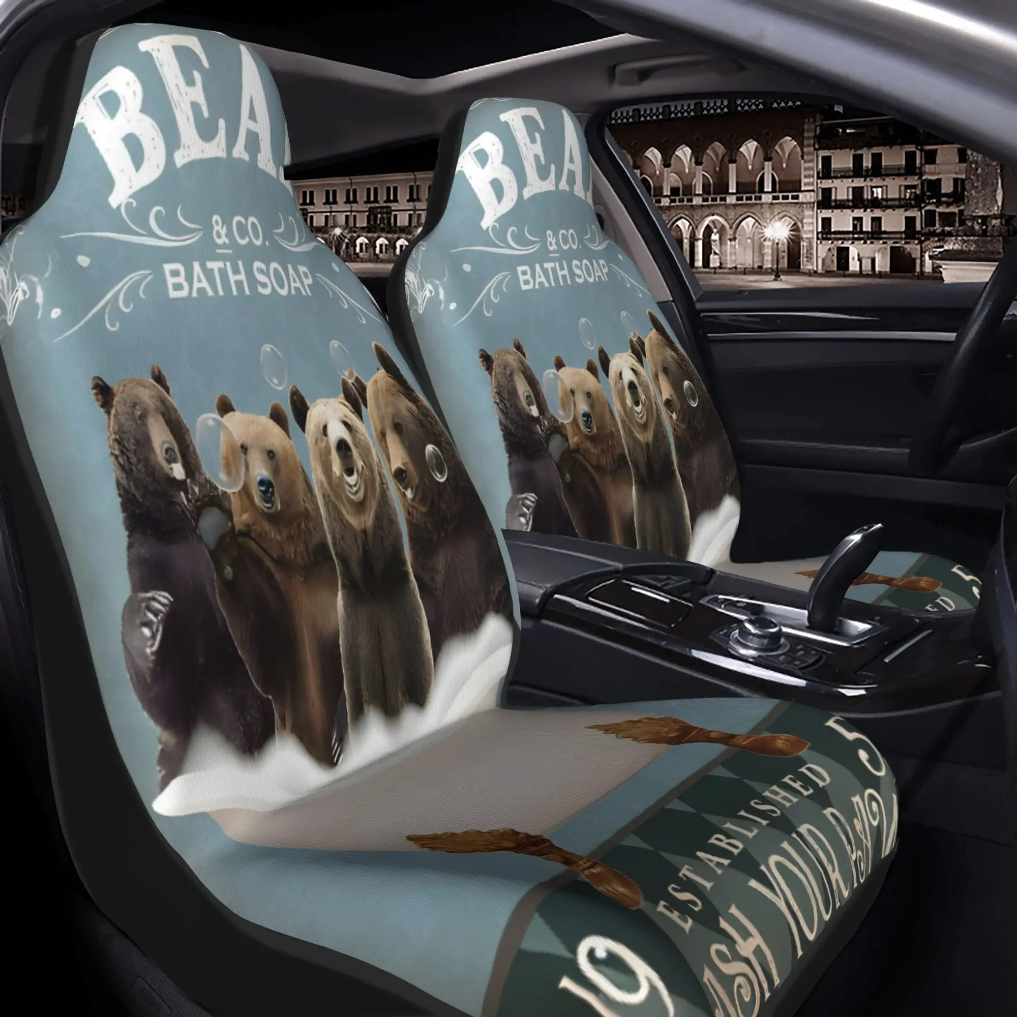 2pcs Vintage Bear & Co. Bath Soap Sign: Wash Your Paws In StyleCar Seat Covers, Suitable For All Vehicles, Christmas Gifts And P