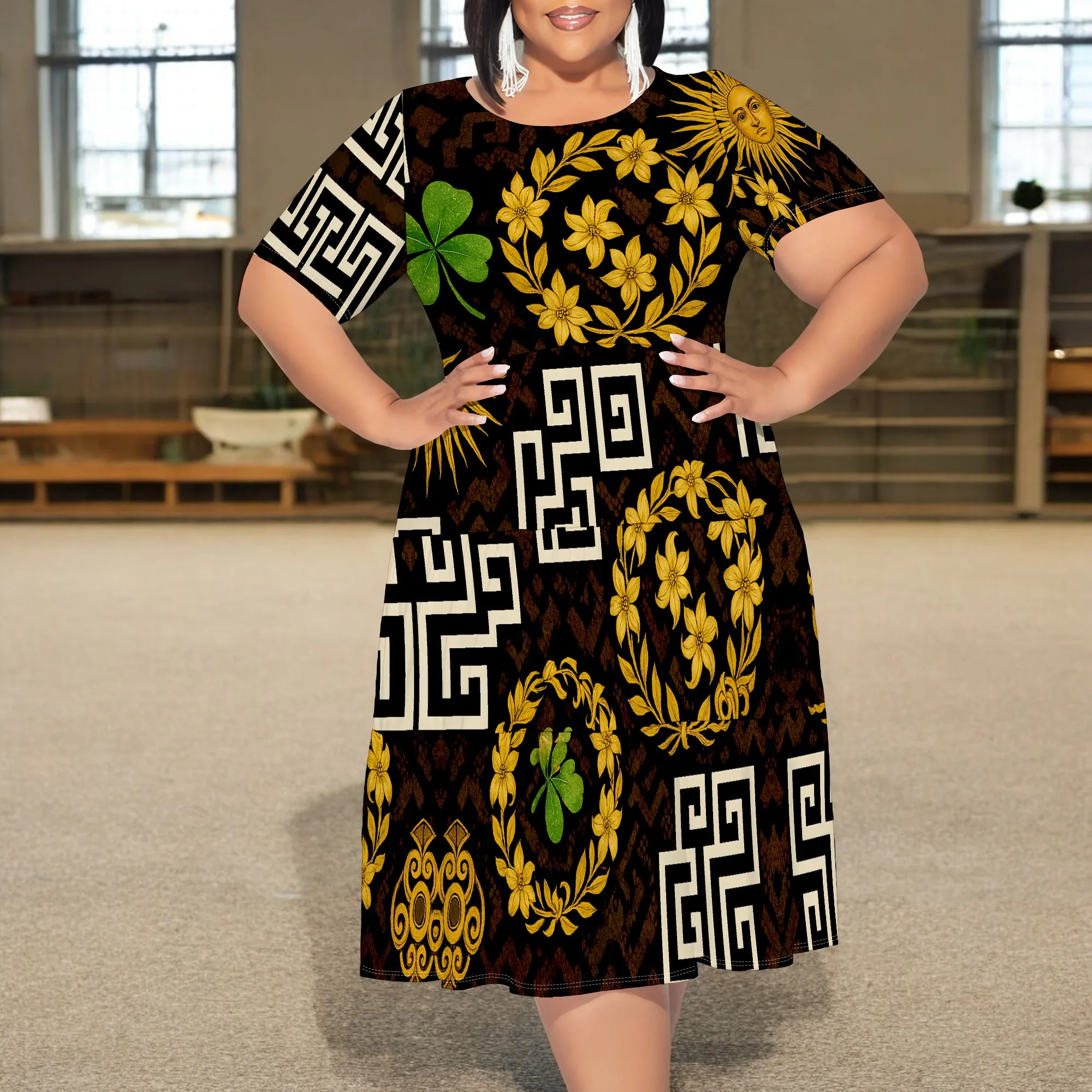 

Plus Size Women's Vintage Print A-Line Dress XL-6XL Short Sleeve Round Neck High Waist Swing Dress with Pockets for Holiday
