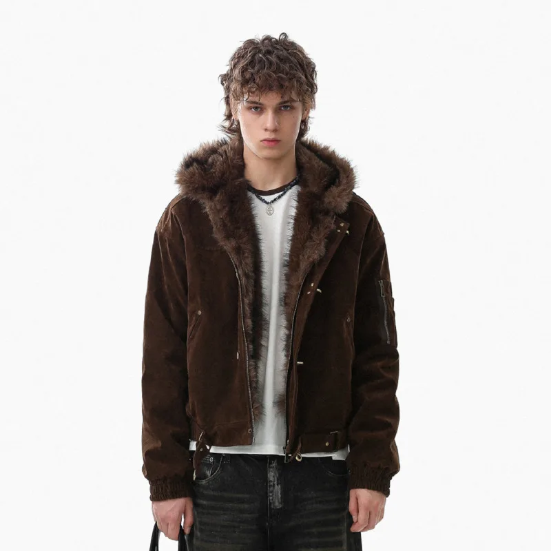 HKSH خريف شتاء جديد الرجال المد الشرير الفراء طوق سترة قطن سميكة الدافئة معطف مبطّن مقنعين فضفاض النساء Y2K خمر HK15278