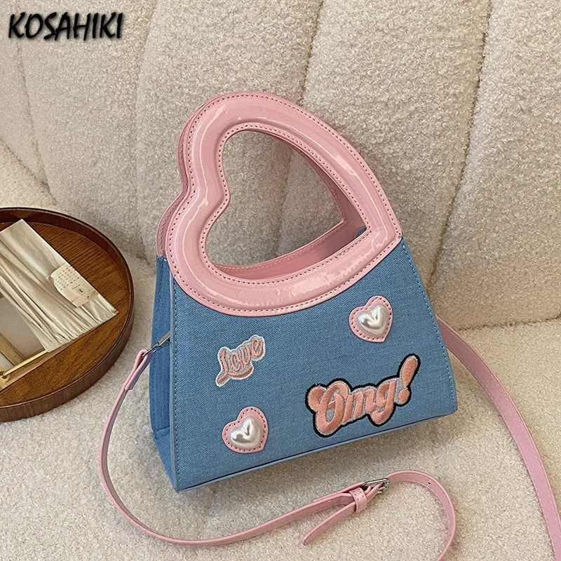 

Милые Kawaii Y2k эстетические сумочки в форме сердца, женская модная универсальная шикарная сумка через плечо, повседневные сумки через плечо с вышитыми буквами