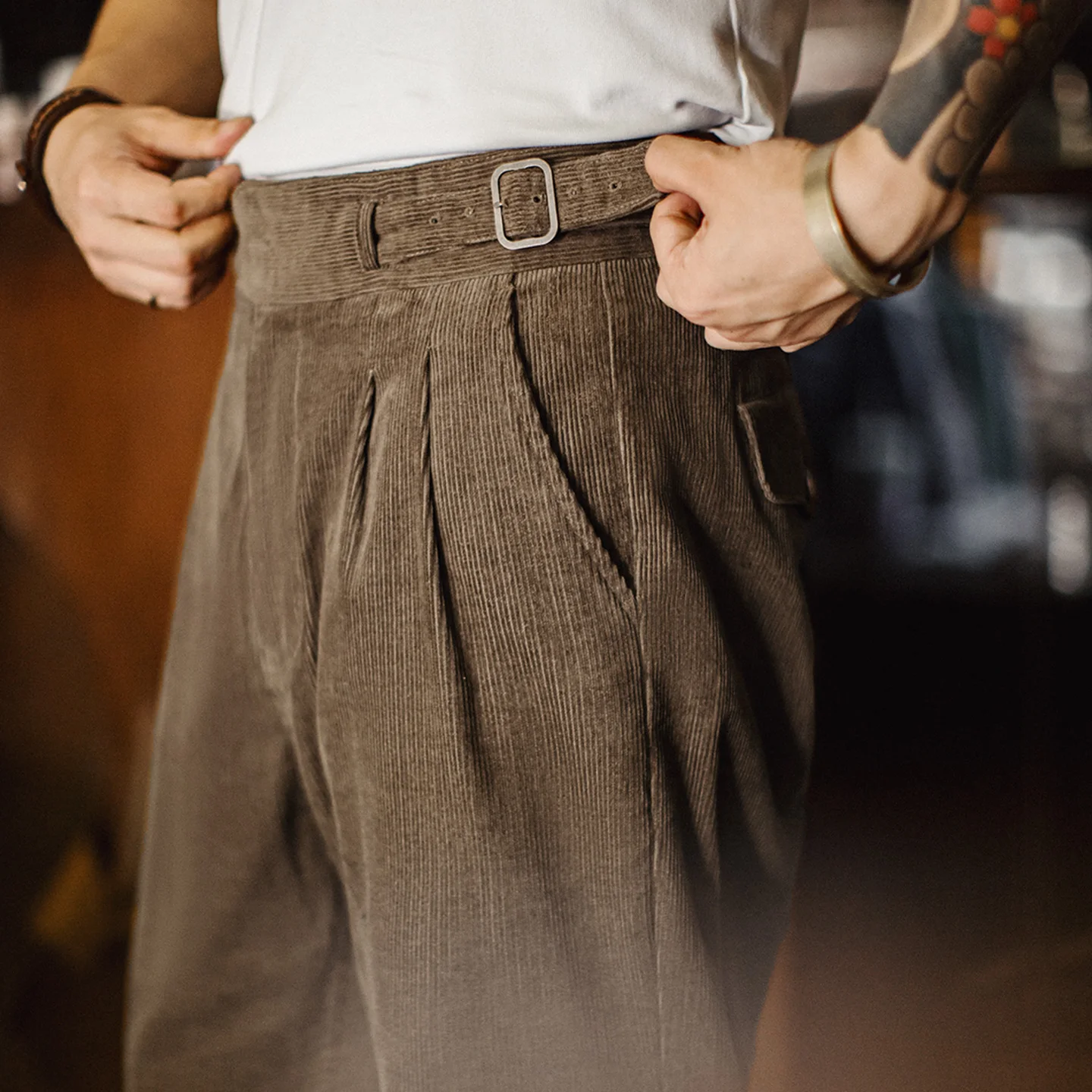 Maden Men's Gurkha Trousers Corduroy Pants Tapered Leg Adjustable Cotton Casual Workwear Pants Textured Fabric Fall Daily Wear