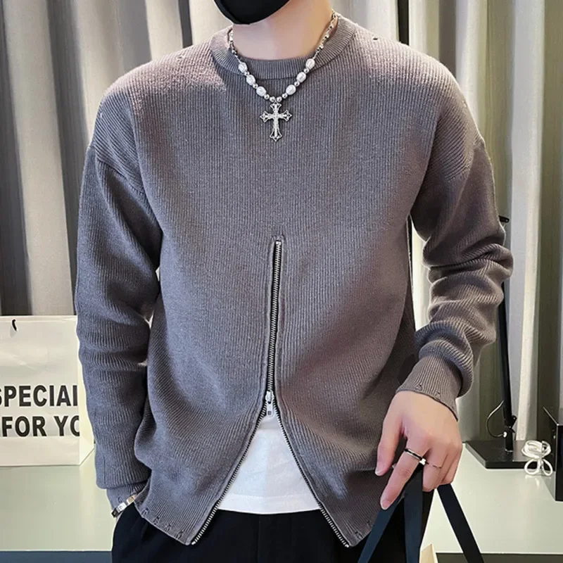 

European Style Metal Chain Decoration Thick Needle Heren Sweater Fall Winter Zipper Pull Homme Knitted Sweater Men Black Gray