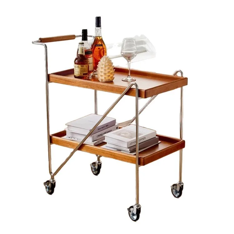 

Movable solid wood trolley, simple coffee table, living room side cabinet dining car, medieval shelves