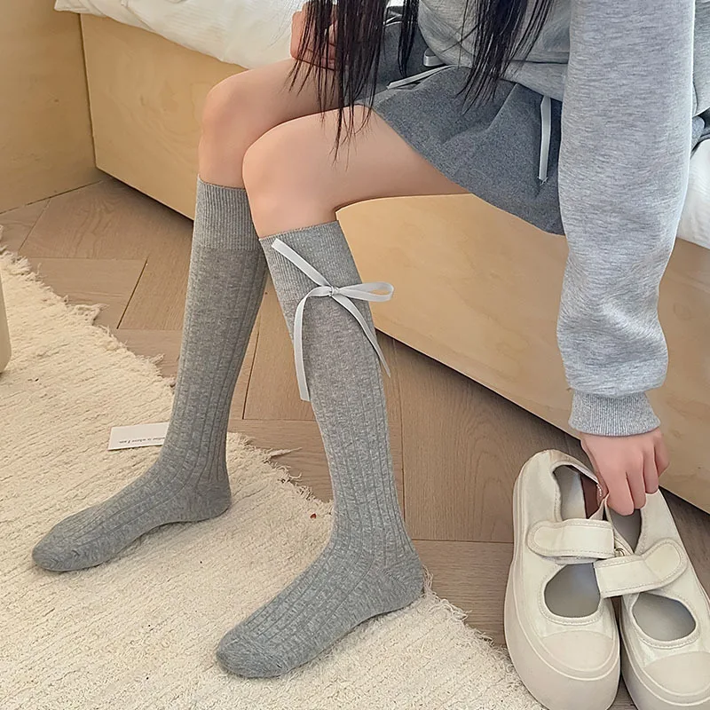 Women's Solid Color Vertical Striped Stockings Spring/summer Versatile Korean Style Girly Sweet Ribbon Bow Socks