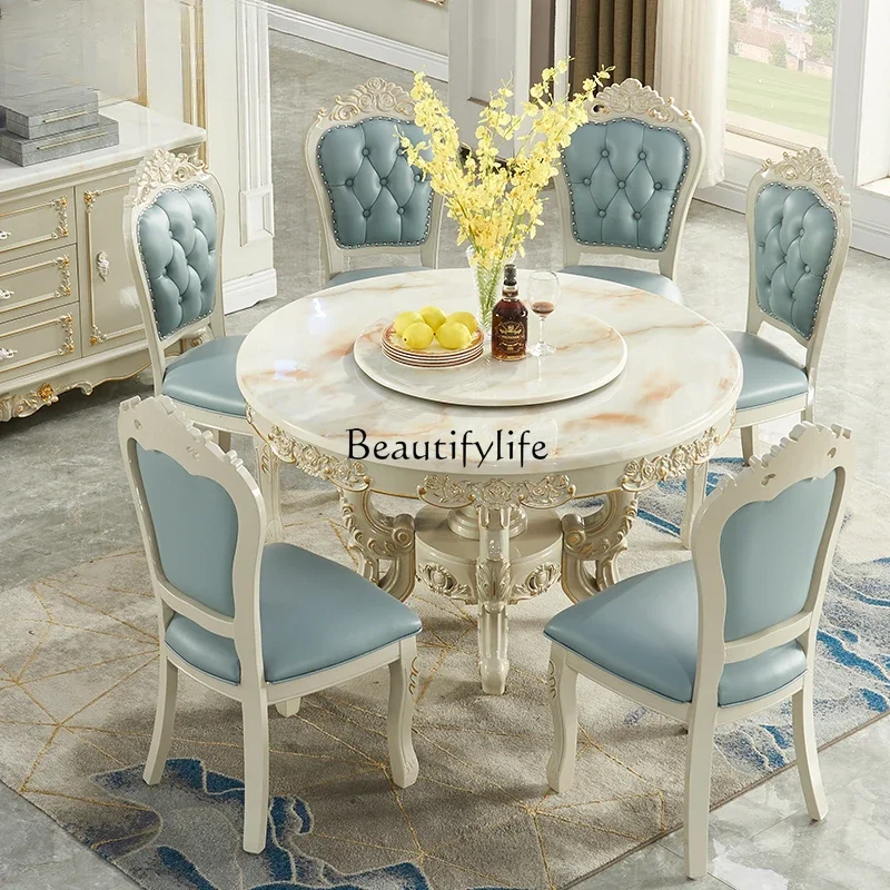 

01 European dining table dining chair combination solid wood carving flower marble round table American high-end light luxury