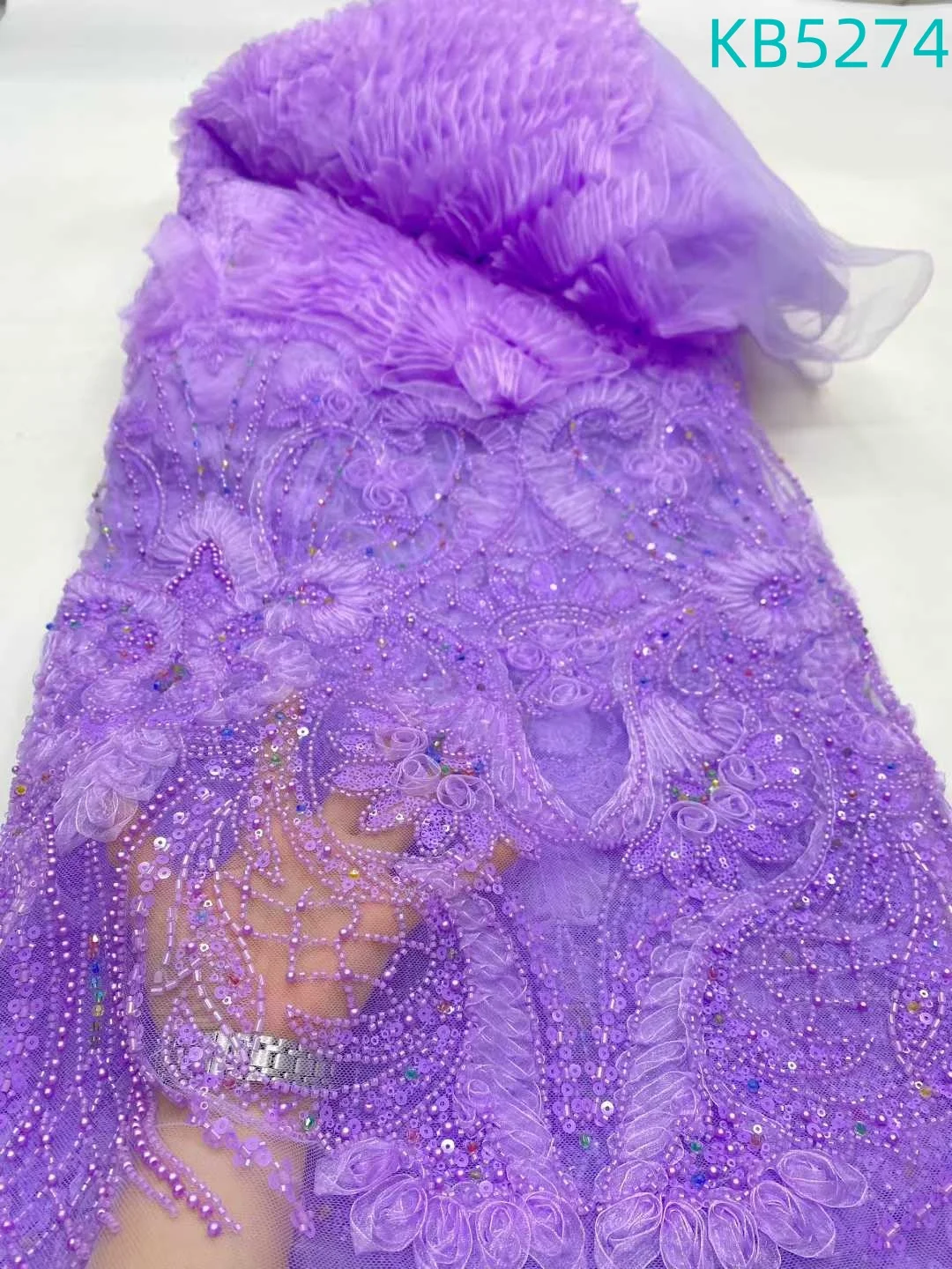 

5 Yards Dubai Lace Fabrics Quality 2024 African Red Beaded French Mesh Lace 3D Flower Lace Fabric Sequence For Sewing KB5274