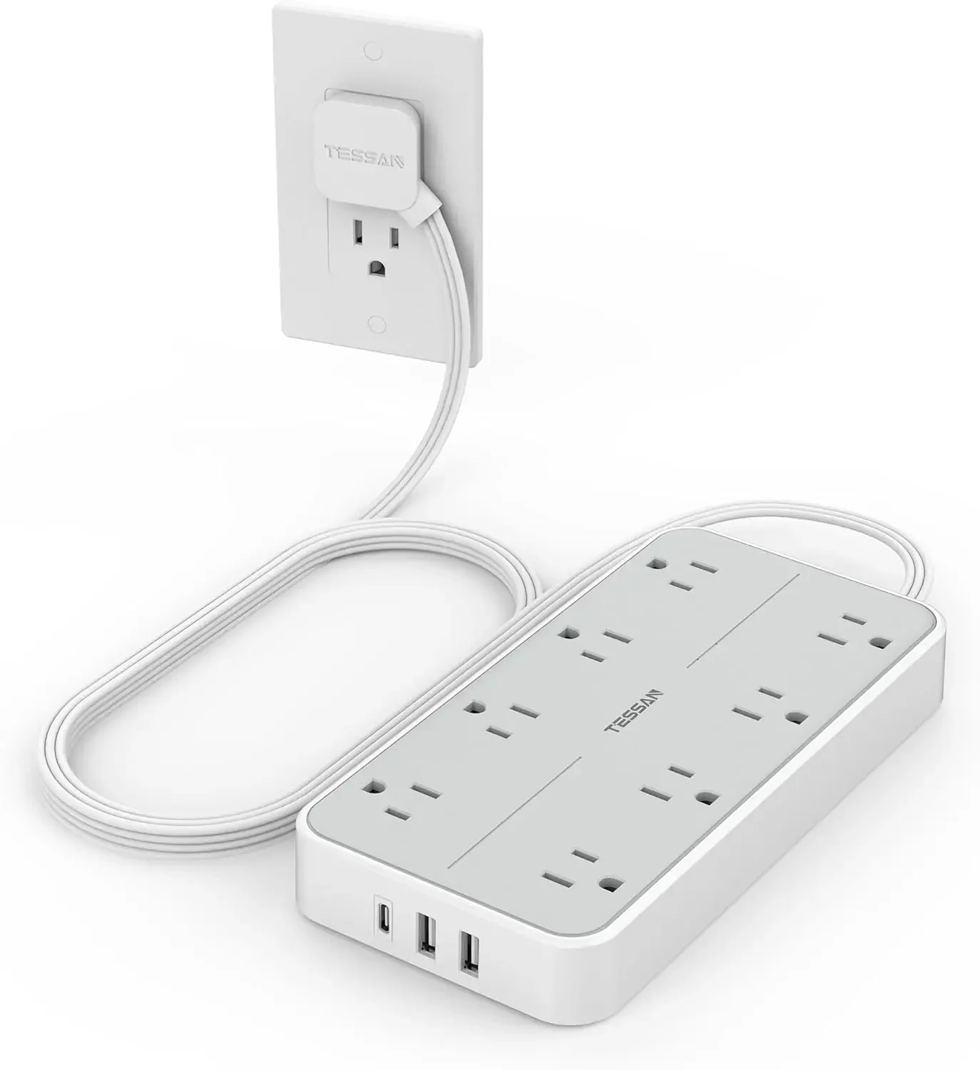 TESSAN Ultra Thin Power Strip with 8 Outlets 3 USB Charger Wall Mountable Charging Station with 1080 Joules Protection for Home