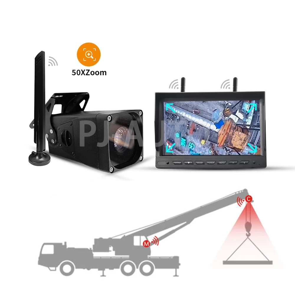 PJAUTO กันน้ํา 50x ซูมไร้สาย Tower Crane ระบบกล้อง Blind Spot Detection ด้านหลังไร้สาย Night Vision กล้องระบบ