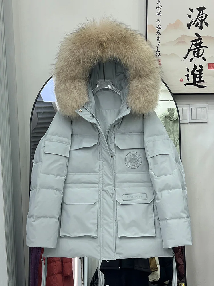 Nueva moda de invierno, chaquetas acolchadas, abrigos con Cuello de piel de mapache Natural, chaqueta de plumas de ganso con capucha para mujer, abrigos femeninos para exteriores
