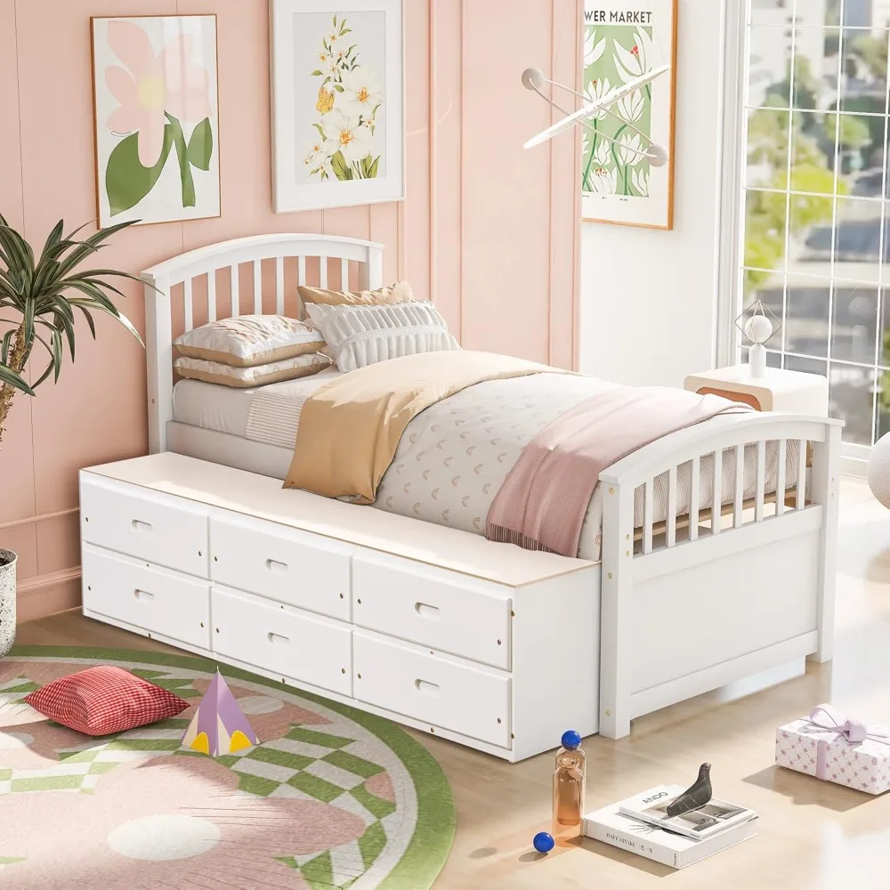 Twin Size Bed Frame with 6 Storage Drawers, Wood Frame with Headboard and Footboard for Bedroom, Twin Captain Bed for Kids