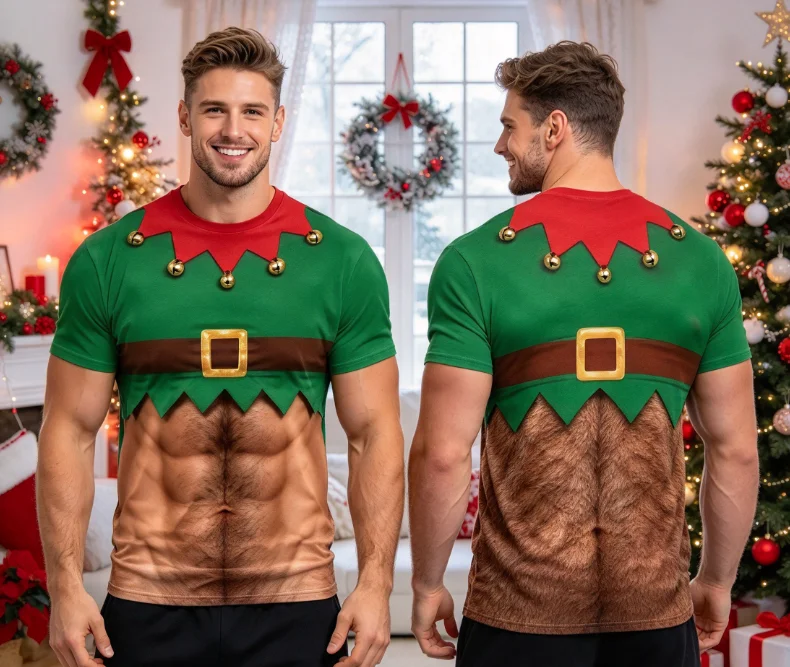 Funny Christmas Elf T Shirt Men 3D Muscle Hairy Chest Print Short Sleeve Crew Neck Costume Graphic Tee Xmas Party Top XXS-6XL