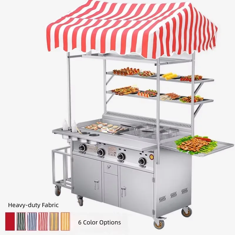 Gas-powered mobile snack cart Outdoor rolling food selling cart with baking pan thermal insulation function