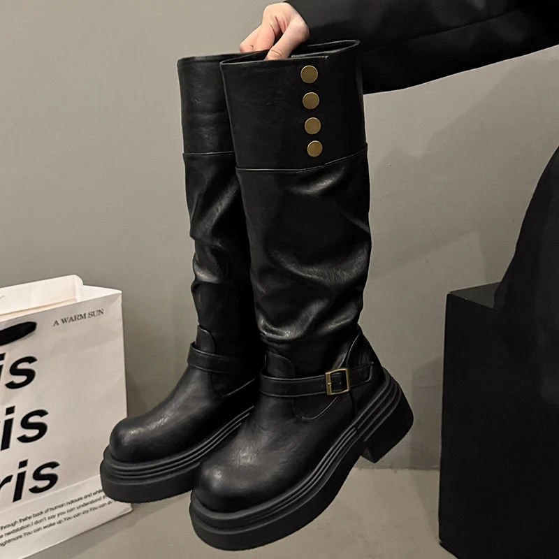 

Autumn Winter Ladies Causal Thick Heel Knight Long Botas Zapatos De Mujer Vintage Women Knee High Boots