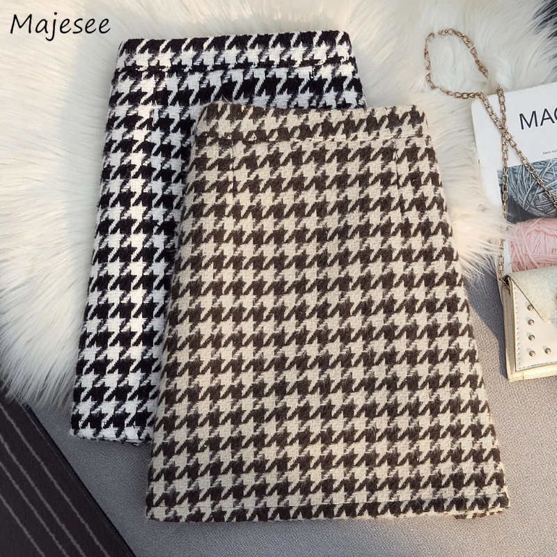 

Woolen Houndstooth Skirts for Women Simple Vintage High Waist Mini Skirt Autumn Winter Sexy Office Lady Stylish Charming A-line