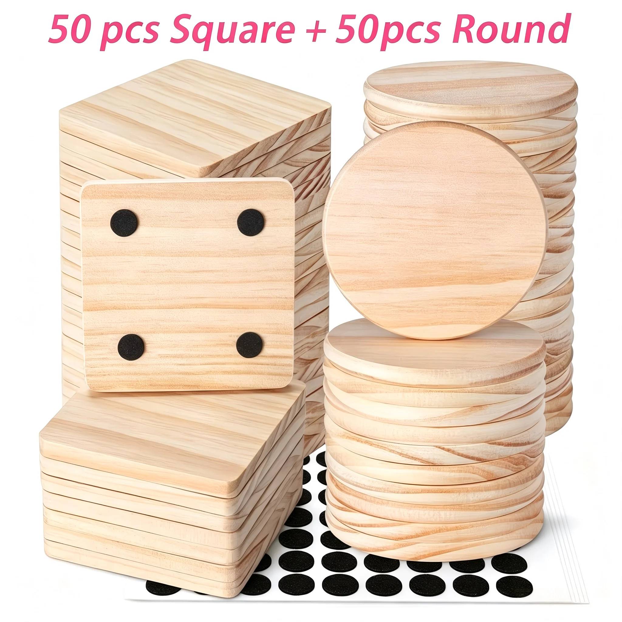 Ensemble de 100 dessous-de-verre Dofiki en bois de pin naturel, 50 dessous-de-verre ronds et 50 carrés de 10 cm, non finis avec patins antidérapants pour travaux manuels DIY