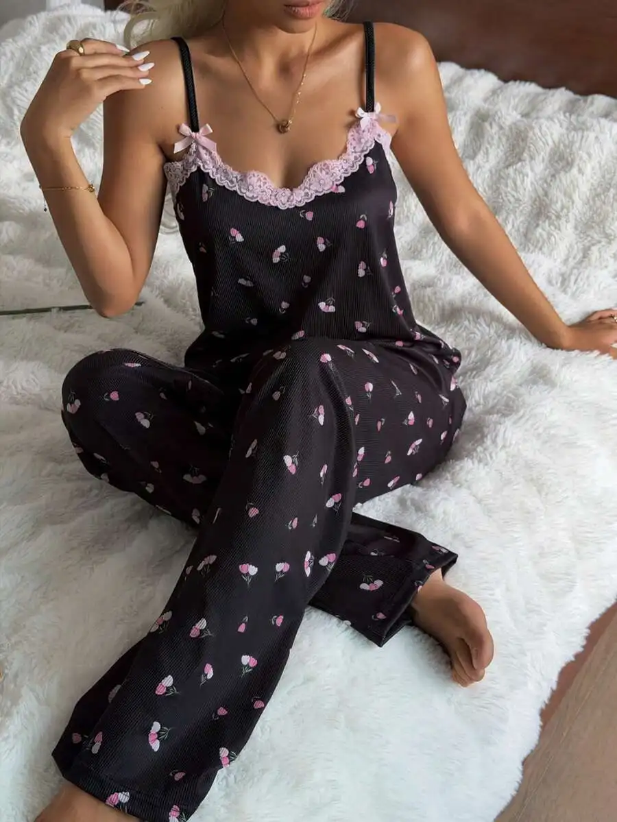 

Black Ribbed Knit Women Pajama Set Sleeveless Spaghetti Strap Top With Floral Print And Lace Trim