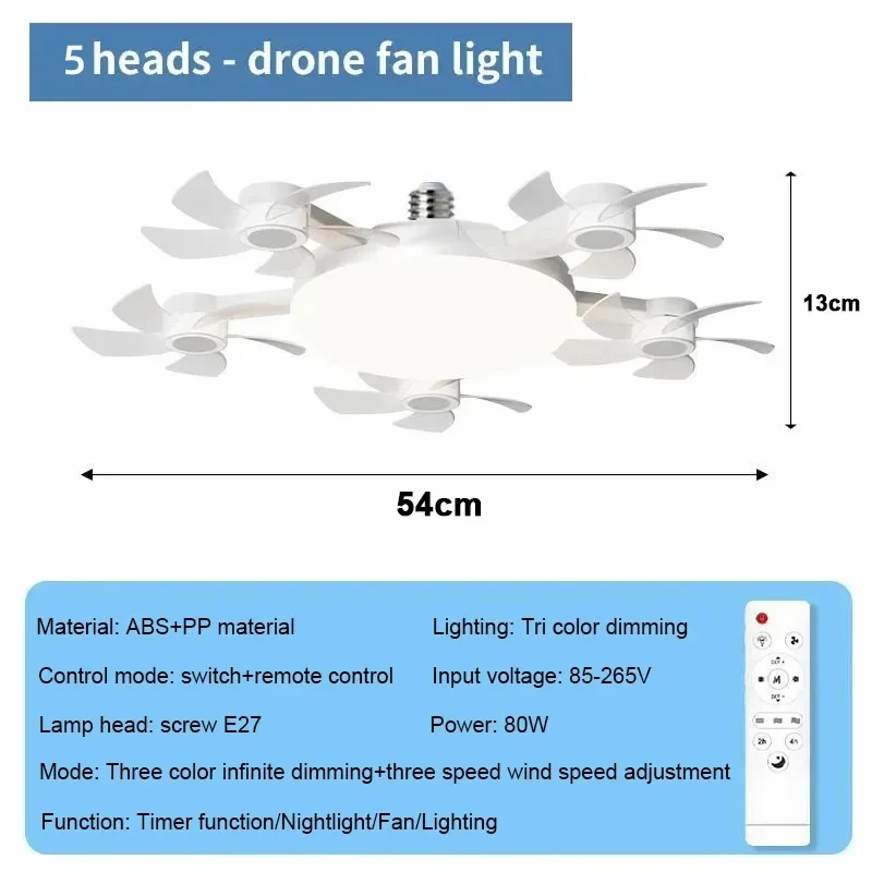E27 LED 5 Heads Ceiling Fan Light with Remote Control Dimmer Function 80W Ceiling Light Drone Shaped Fan Light for Living Room,