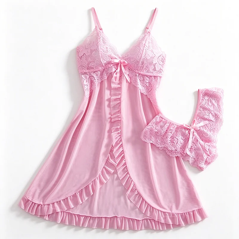 1 Set Pink Cute Women Sweet Nightdress and Panty Pijamas Suit Sleeveless Halter Nightgown Short Sets V-Neck Bra Thong Luxury Kit