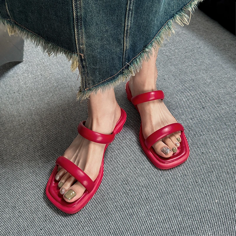 

Sandals Women 2026 Concise Style Narrow Band Slippers for Girls Women Summer Simple Sandalias Red Green Beige White Shoes