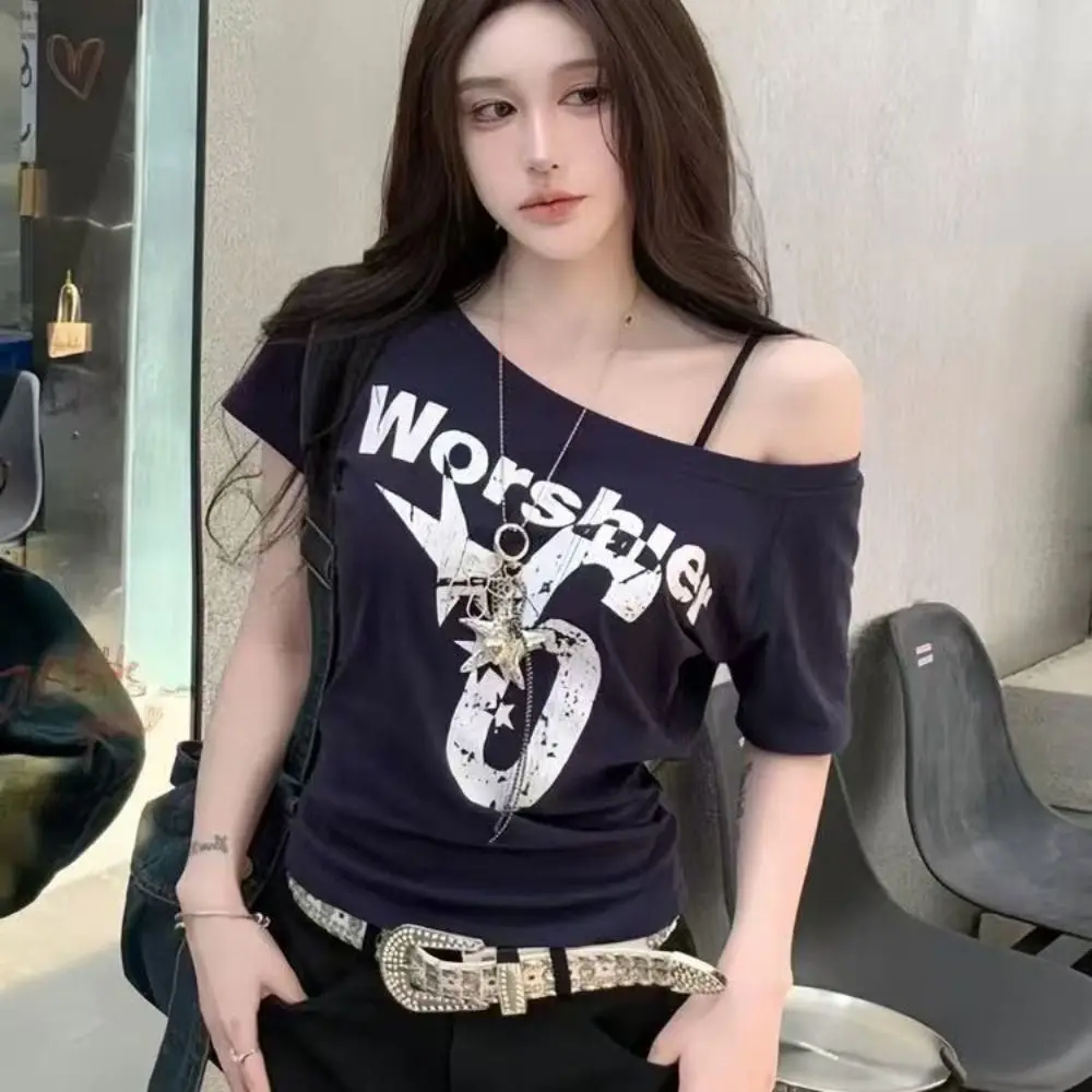 Fashion Y2k Off Shoulder Top Skew Collar Body Basic Short Sleeve Letter Print T Shirt Vintage Style image 5