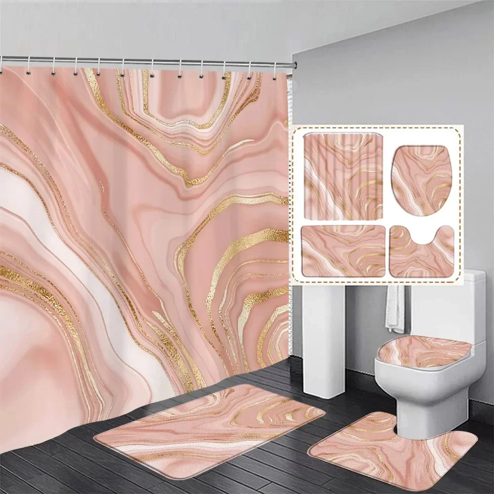 Abstract roze marmeren douchegordijn set goud getextureerde moderne geometrische inkt kunst badkamer decor deur tapijt badmat toiletdeksel cover