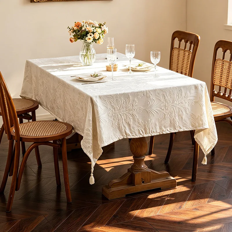 Retro-Style Jacquard White Tablecloth Rectangular Restaurant Decorative Fabric Dust-Proof Woven Fabric Table Decoration Cover