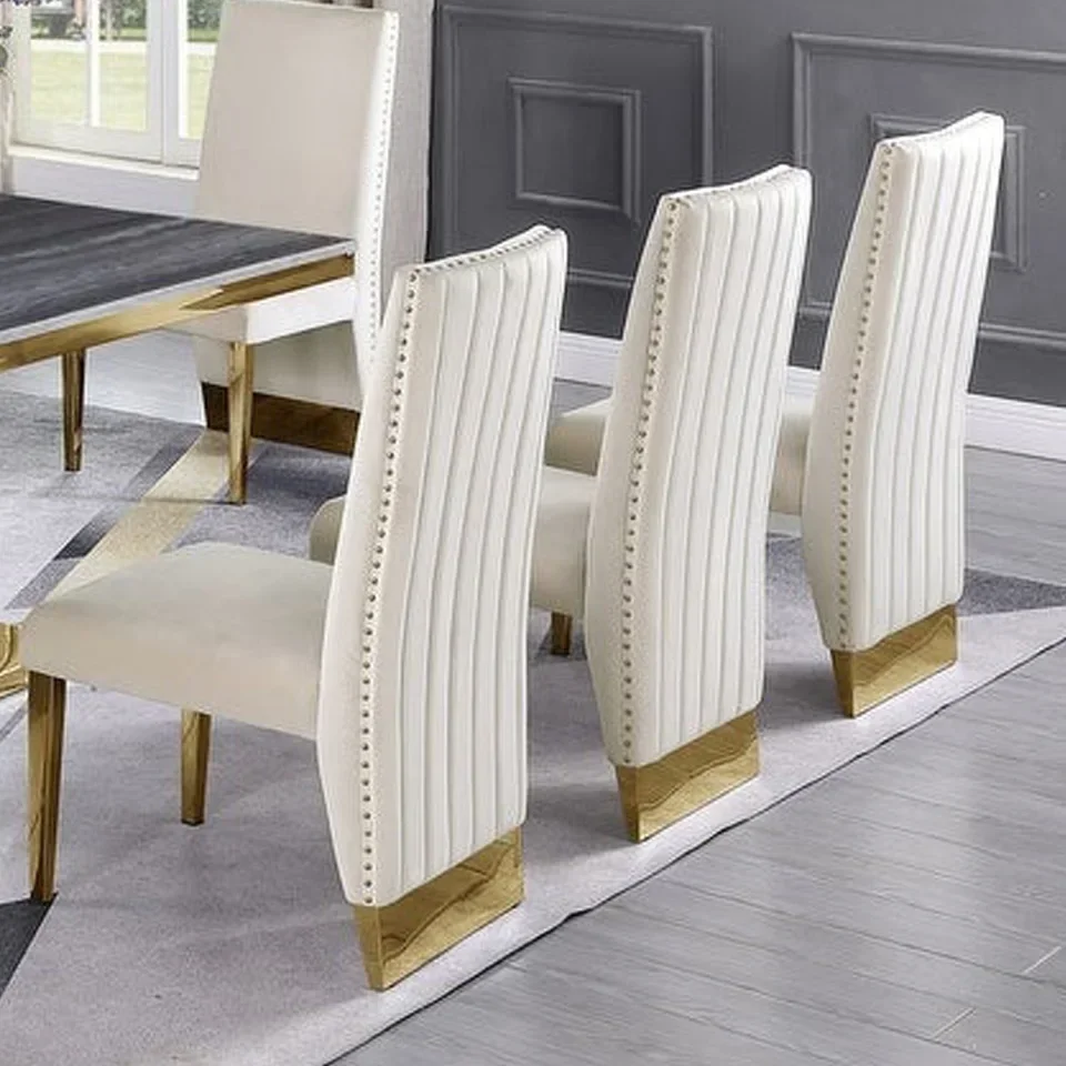 for Modern Luxury Design White Upholstered Dining Chair 6 Chair Table Set Event Gold Wedding Stainless Steel Dining Set