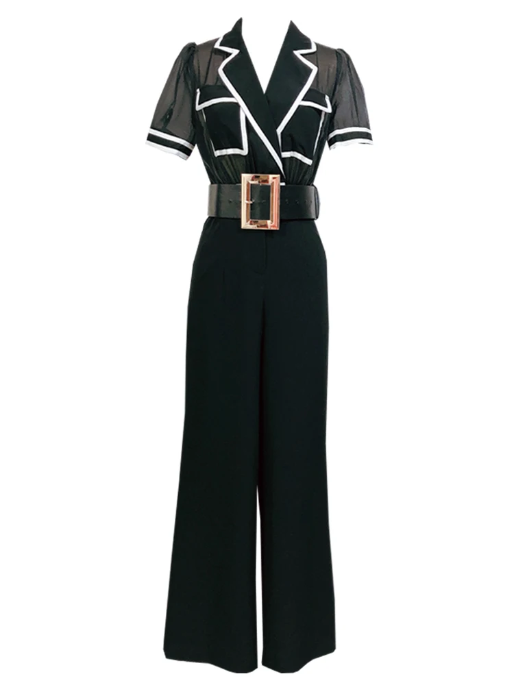 Ele عالية الخصر واسعة الساق بذلة المرأة الصيف Faion بدلة التخسيس طوق قطعة واحدة السراويل عادية عالية الخصر السراويل الطويلة