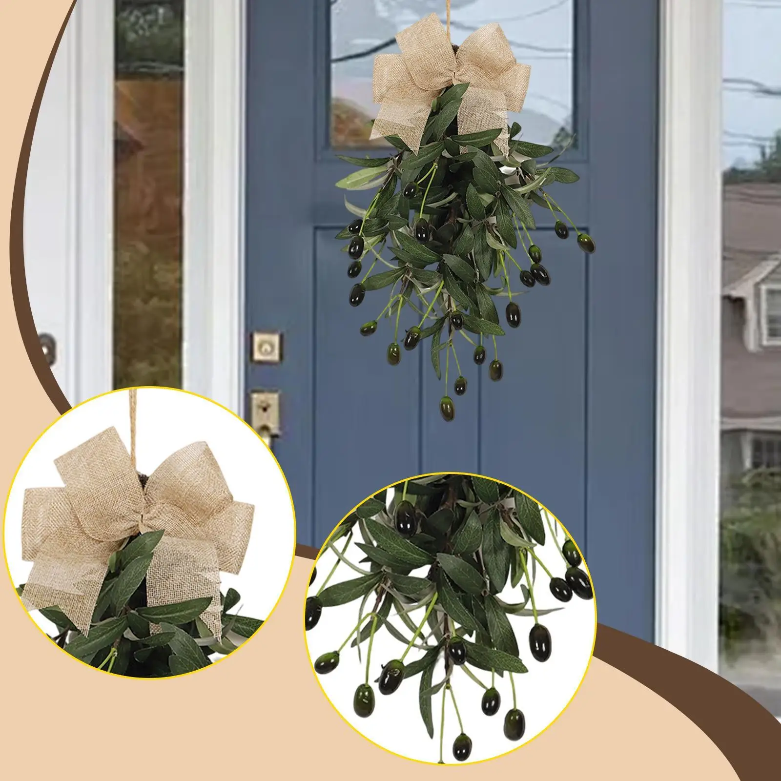 

Artificial Olive Leaf Teardrop Swag with Bow Faux Greenery, Hanging Pendant with Hanging Loop for Party, Apartment Wall