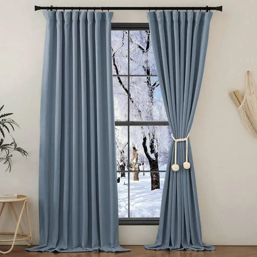 Pinch Pleated Room Darkening Curtains Faux Linen Textured Thermal Insulated For Living Room W50 X L108 2 Panels