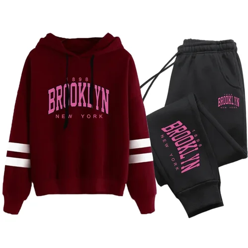 Imagen 2 del producto Chándal de calidad para mujer, sudaderas con capucha, sudadera informal a rayas de una sola pieza y pantalones de chándal, comodidad para correr al aire libre, Otoño Invierno