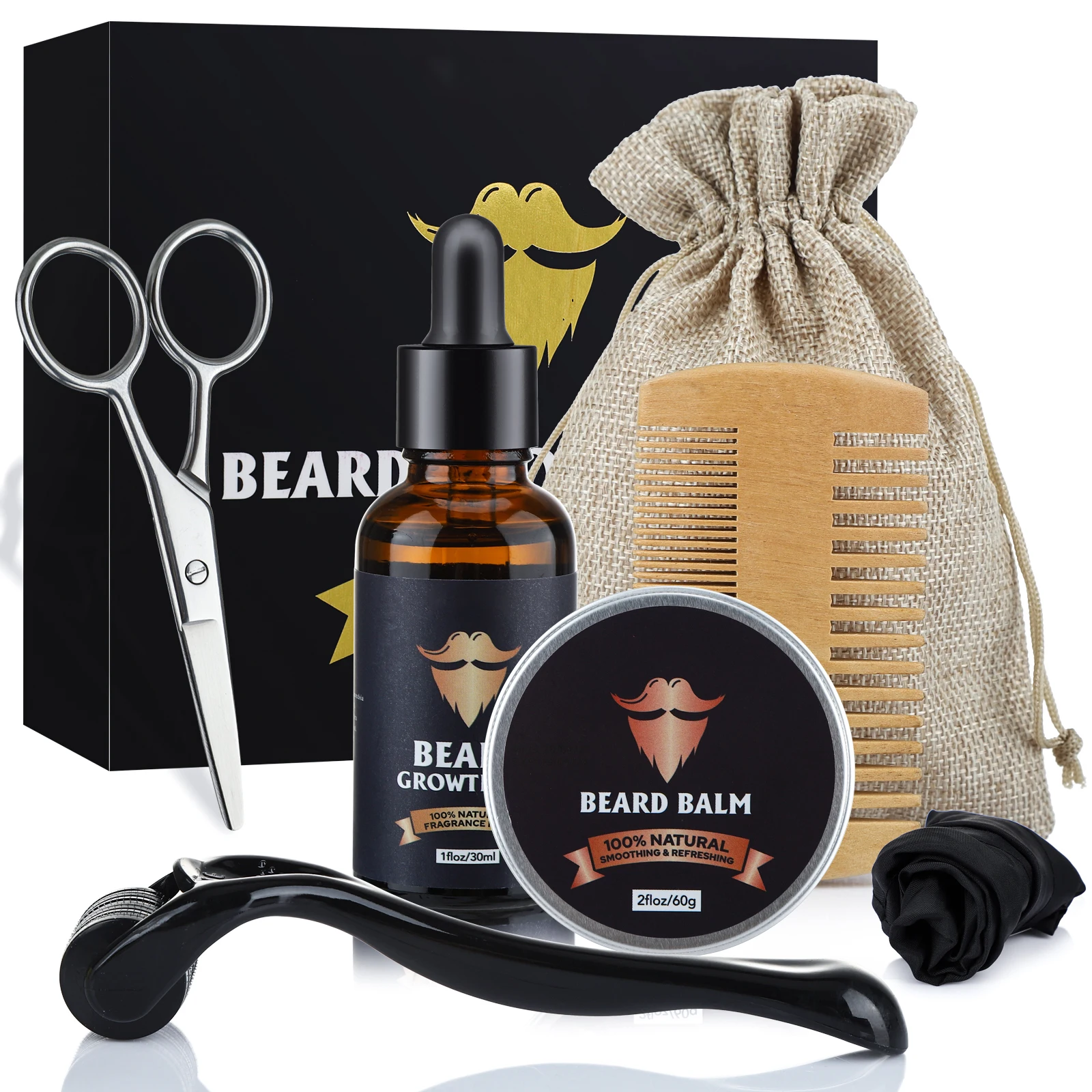 5Pcs/Set Men's Beard Growth Kit Enhancer Serum Essential Oil Balm Nourishing Beard Grooming Beauty Care With Roller Comb Scissor