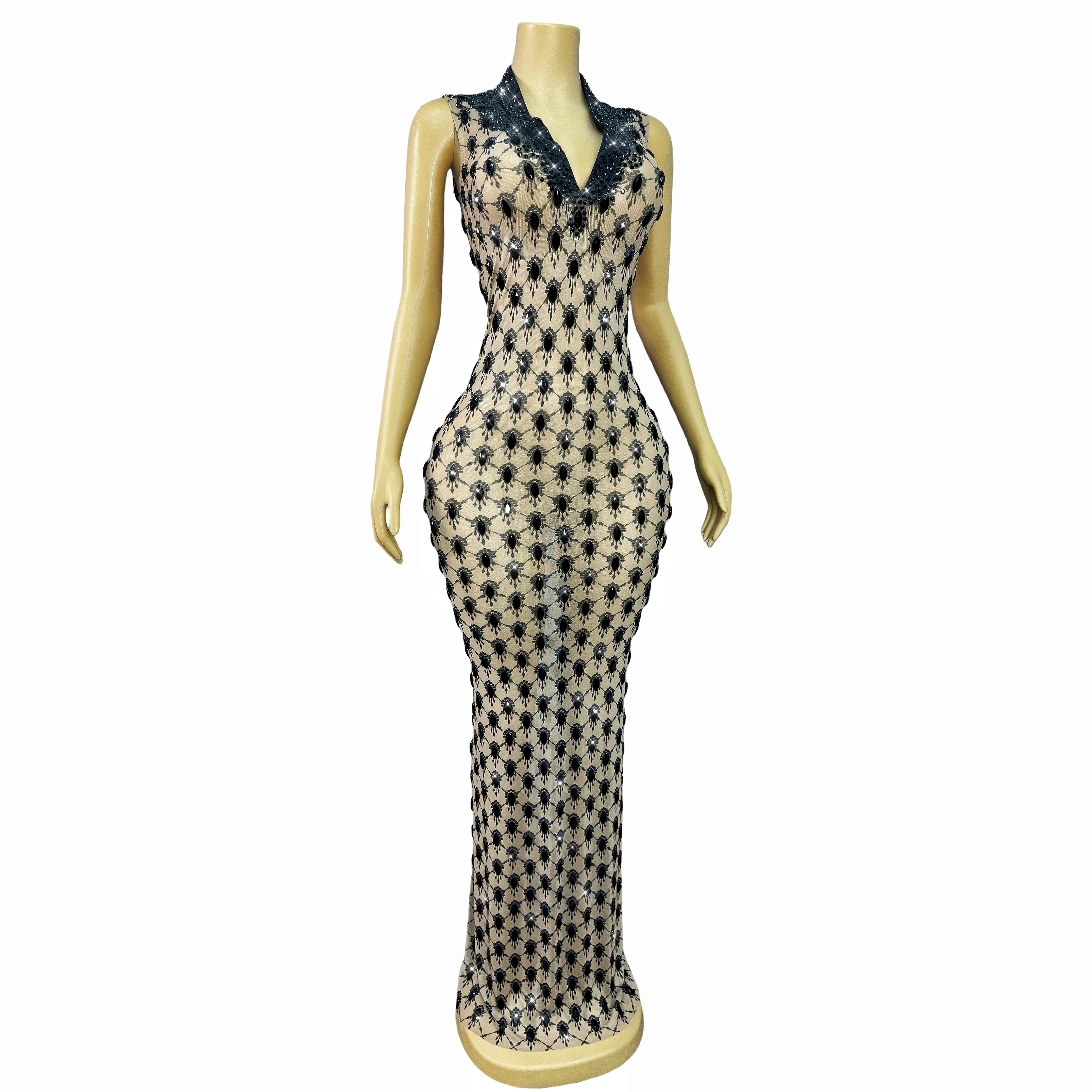 高級デザインの輝く黒のラインストーンヌードメッシュトリムフィットドレス女性イブニングレッドカーペットガウンパフォーマンス衣装Duotianshi