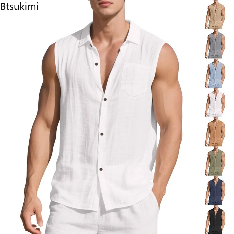 New Men's Summer Tank Tops Casual BreathableTurn Down Collar Button Sleeveless Cardigan T-shirt Vest Men Sports Loose Beach Tops