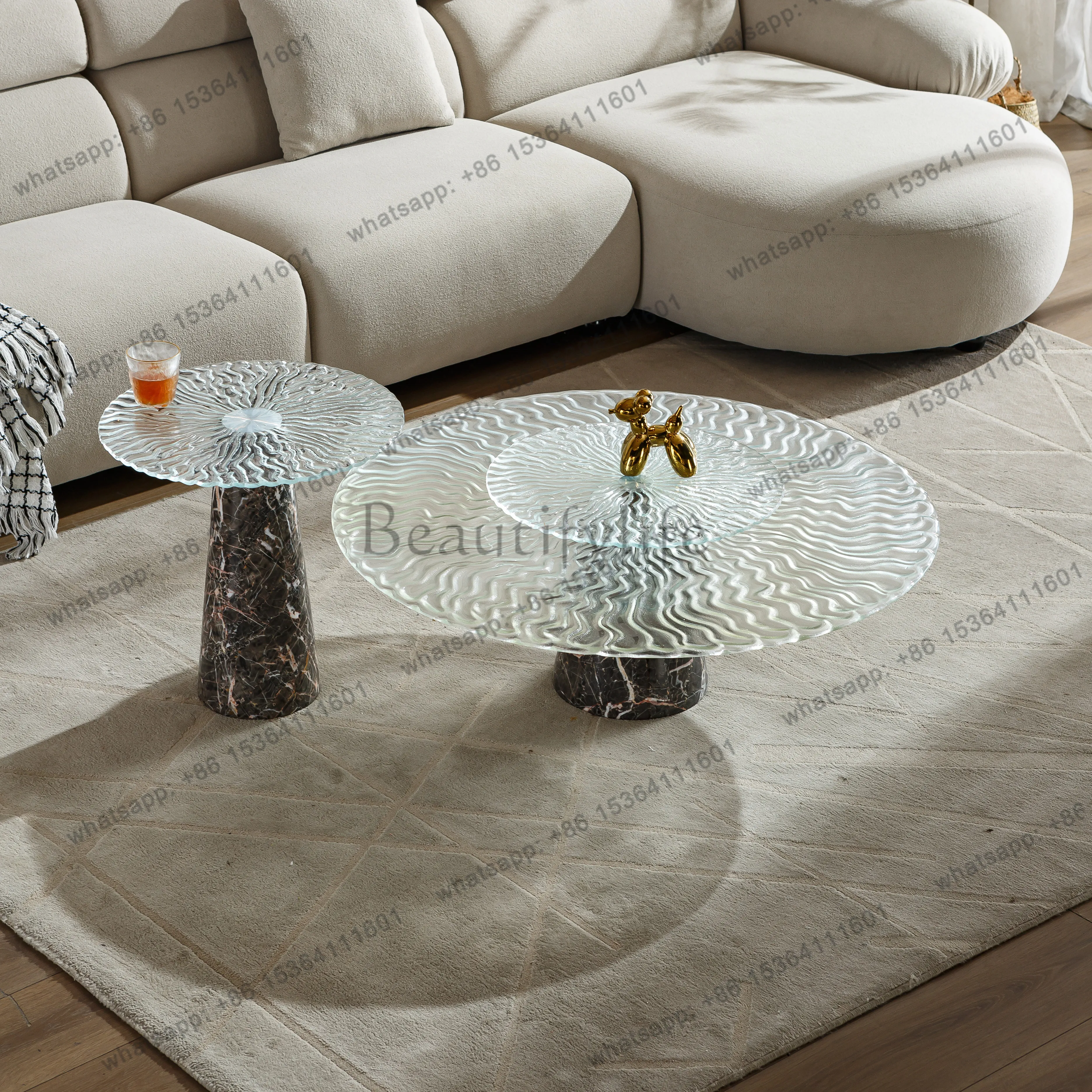 

Italian minimalist water ripple hot melt tempered glass coffee table natural marble tea table