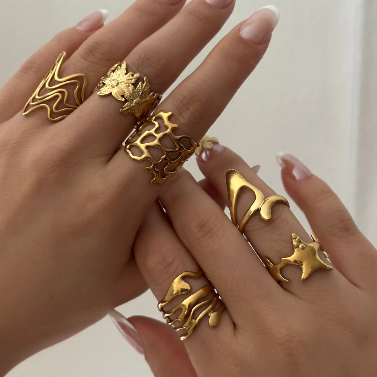 Edelstahlringe mit unregelmäßigen Wellen, Korallen, Seesternen und Blumen für Damen und Herren, Retro-Punk, florale Blätter, geometrische Linien, Boho-Schmuck – Detail 11