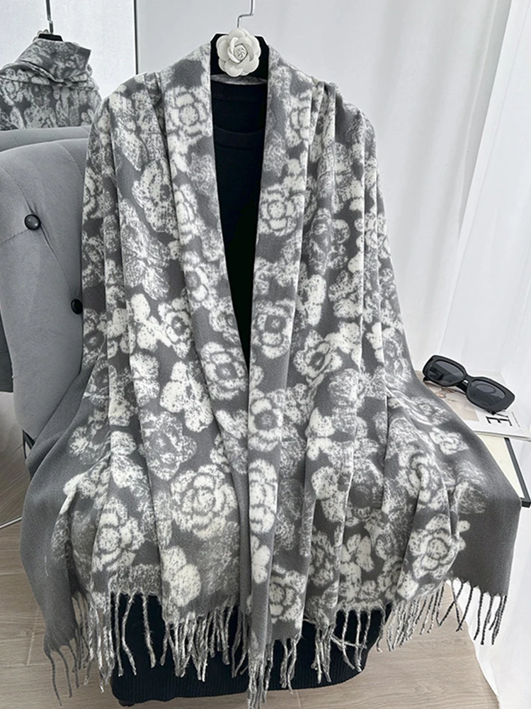 

Женский зимний элегантный шарф с цветочным принтом и бахромой, теплый пашминовый плед-шаль, женская накидка-фулярд для отпуска