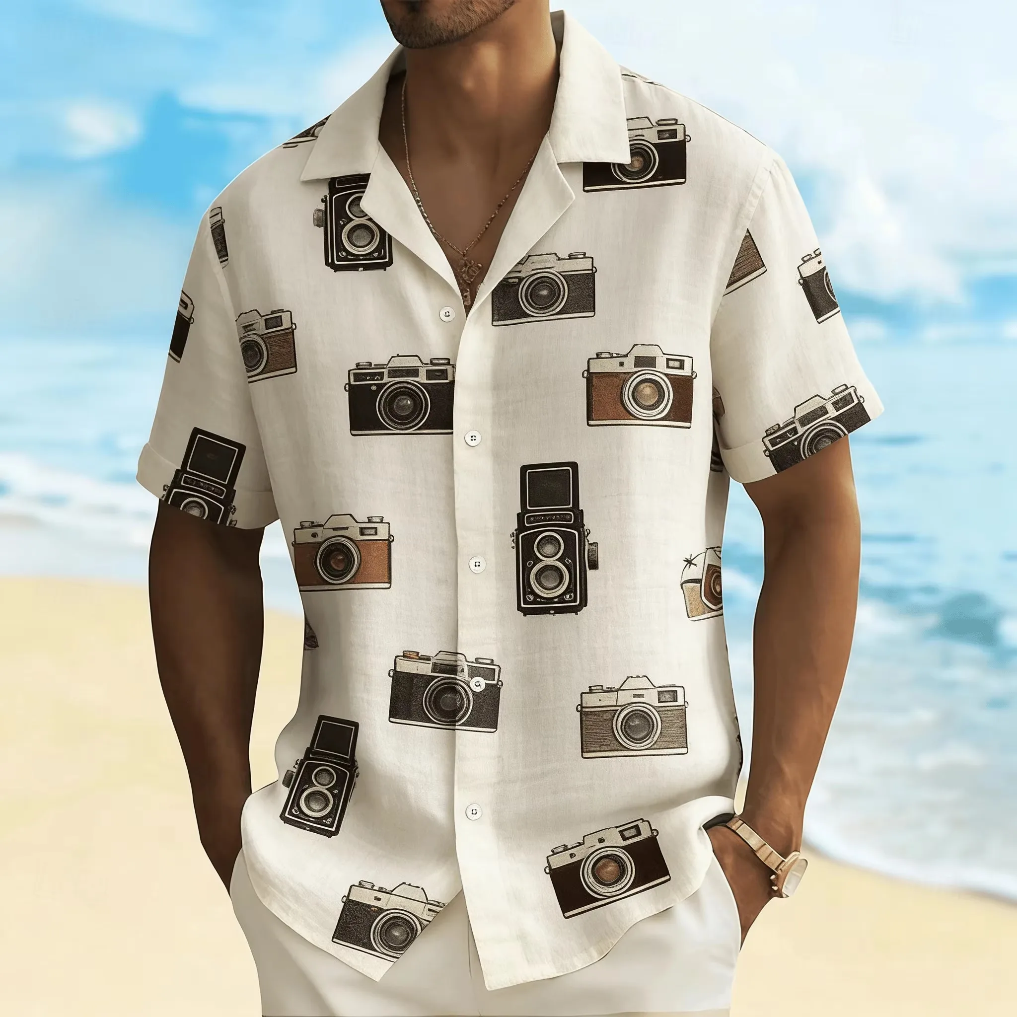 Creative Retro Full Printed Short Sleeved Shirt for Men, Nostalgic Niche Design, Seaside Travel, Casual Loose and Trendy Top
