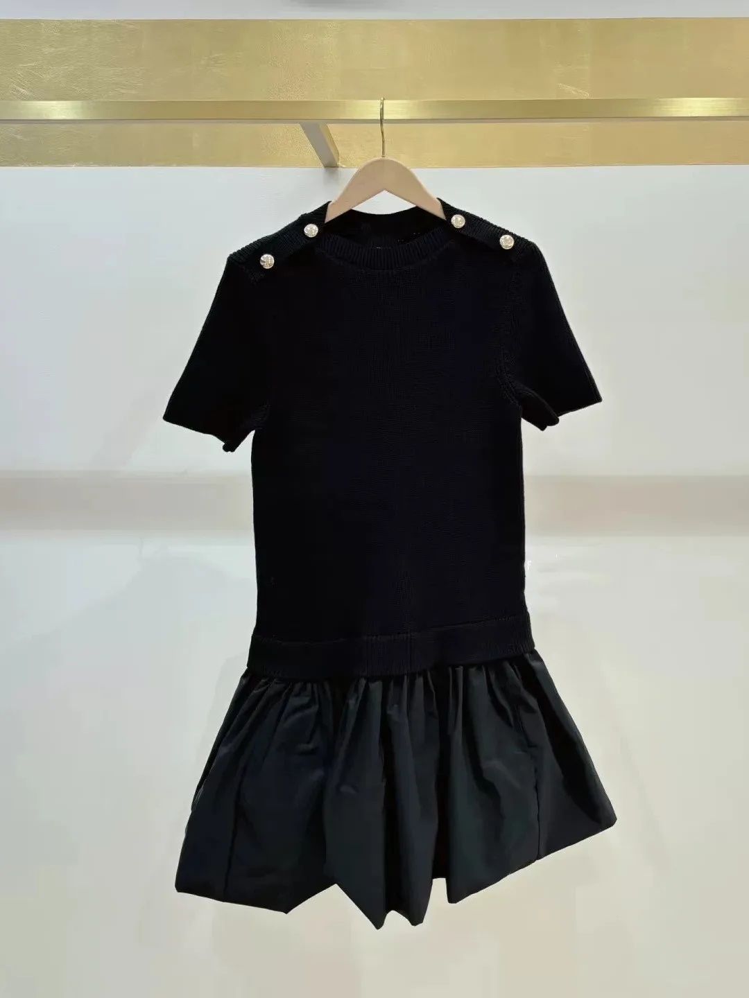 

High-End Knitted Short-Sleeve Black Dress Fashionable French Style Patchwork Hemline Slim Fit Single-Piece Evening Gown