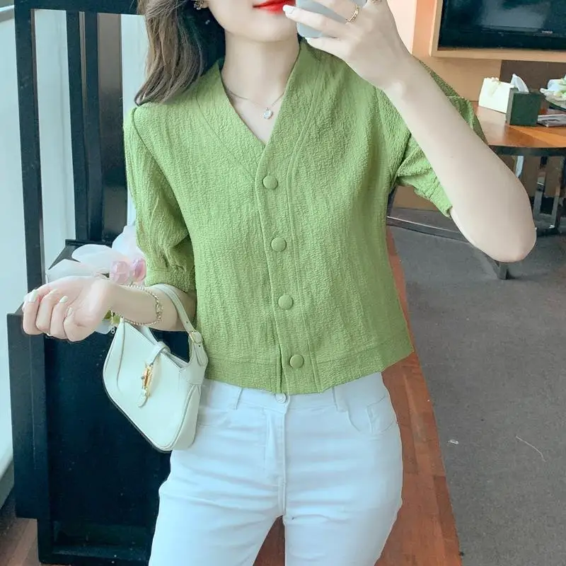 Women Clothing Korean Fashion Vintage Elegant Button Shirts 2024 Summer V Neck Slim Blouses Solid Short Sleeve Tops Blusas Mujer