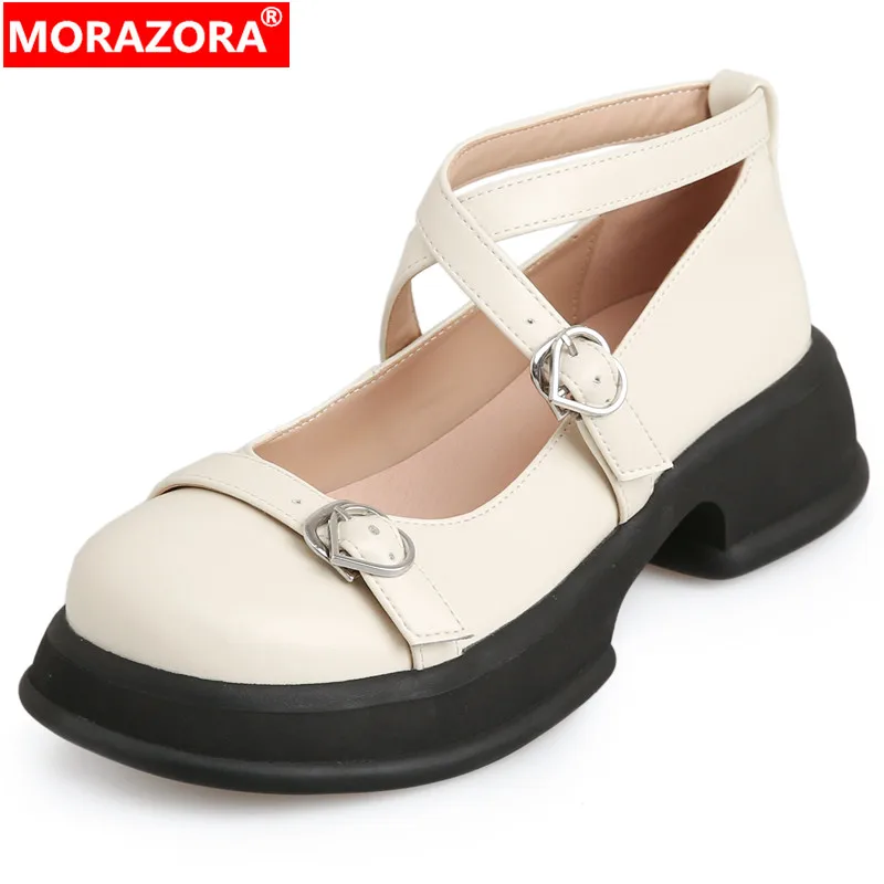 

MORAZORA 2024 New Classics Genuine Leather Shoes Woman Buckle Ladies Dress Shoes Square Med Heels Platform Pumps