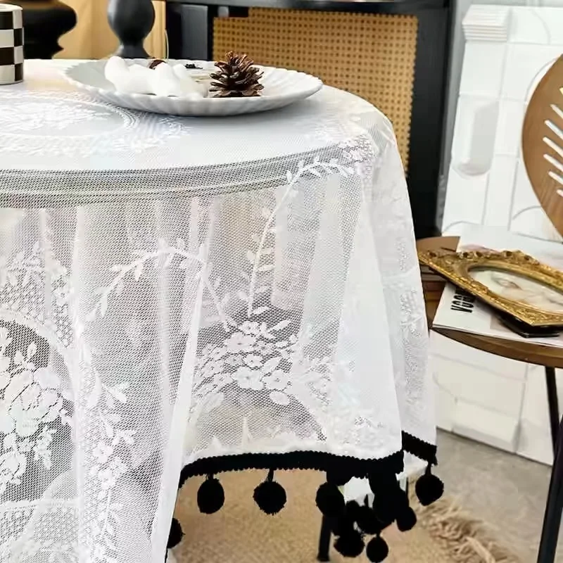 French retro white lace tablecloth black and white classic ruffle edge decoration coffee table tablecloth cabinet cover towel